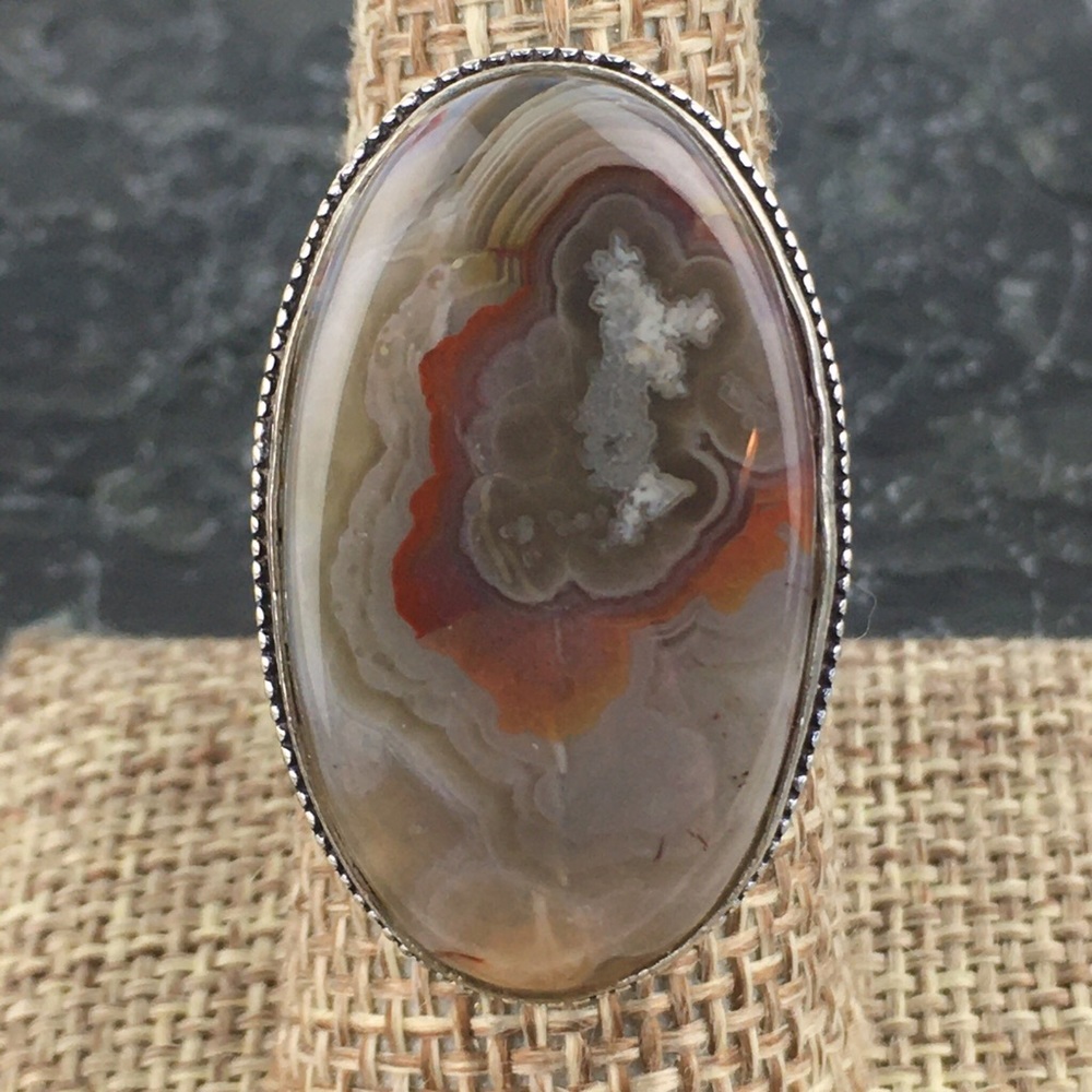 New Laguna Agate Stone Statement Silver Overlay Ring 7.5